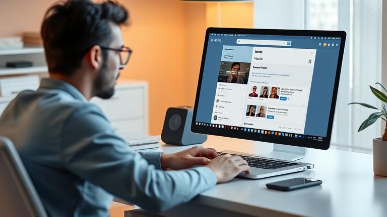 alt_text: Person at desk managing multiple Tumblr accounts on laptop with organized workspace and branding.