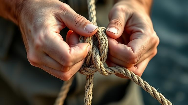 alt_text: Close-up of hands tying a knot, showing fibers, loops, and tension for practical understanding.
