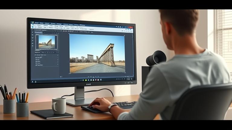 alt_text: Person editing an image with crop and perspective tools on Photoshop at a modern desk.