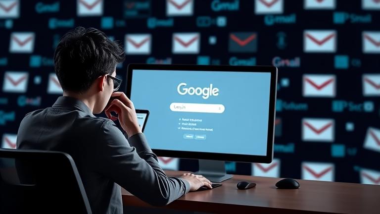 alt_text: Person puzzled over Google account deletion on screen with digital icons in background.