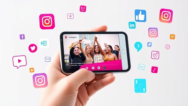alt_text: Person with phone showing high Instagram video views, surrounded by icons and engagement metrics.