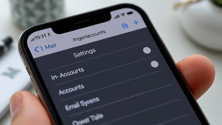 alt_text: iPhone XS screen open to Mail settings, depicting account management in a professional workspace.