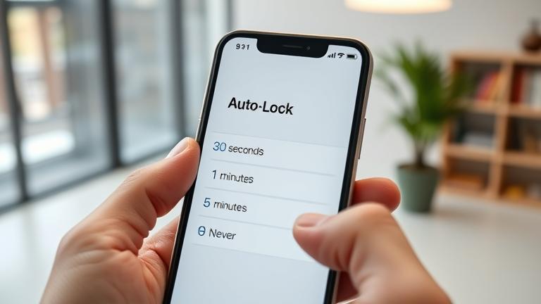 alt_text: iPhone displaying Auto-Lock options in a modern workspace with hand navigation and reflections.