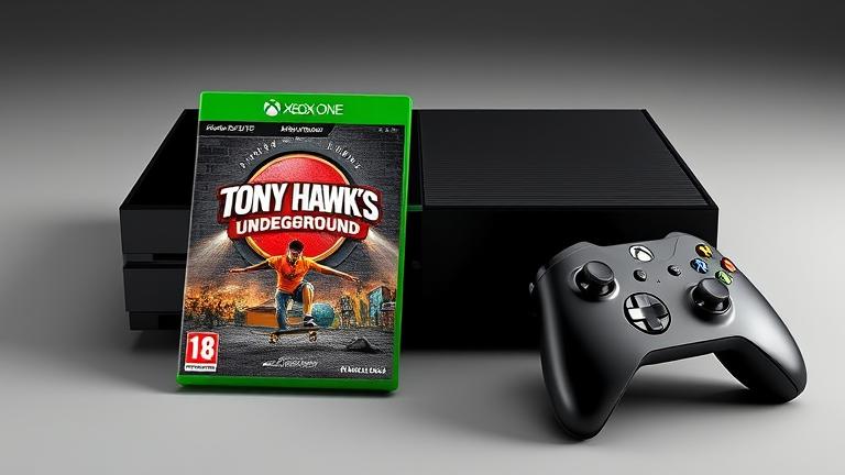 Xbox One with Tony Hawk's Underground case, skateboard hints, and backward compatibility symbols.