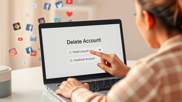 alt_text: Person confidently clicks "Delete Account" on device, with fading social icons, symbolizing privacy.