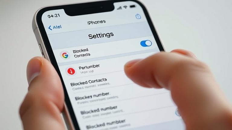 alt_text: iPhone 12 Pro Max screen showing "Blocked Contacts" in settings, with hand navigating.