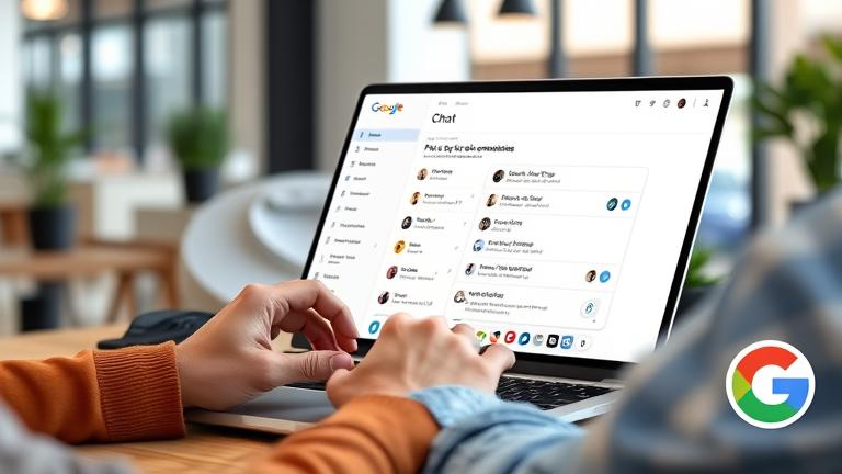 alt_text: Person manages Google Chat on laptop with pinned conversations in a modern, organized workspace.