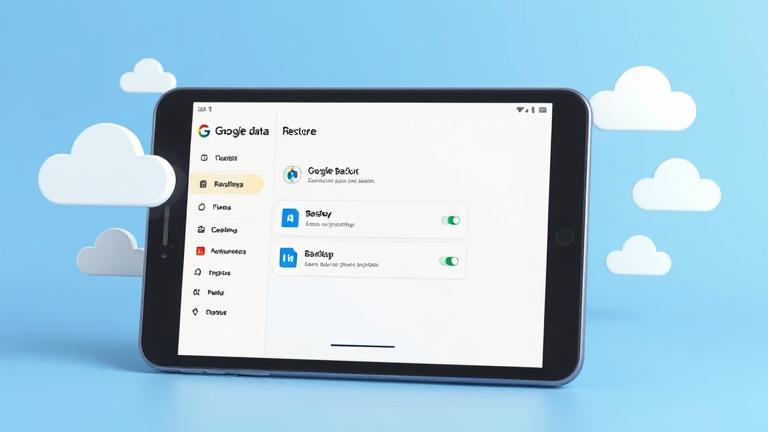 alt_text: Smartphone showing Google Backup with clouds and progress for data restoration.