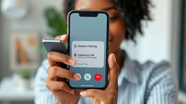 alt_text: Person managing multiple calls on iPhone in a professional workspace.