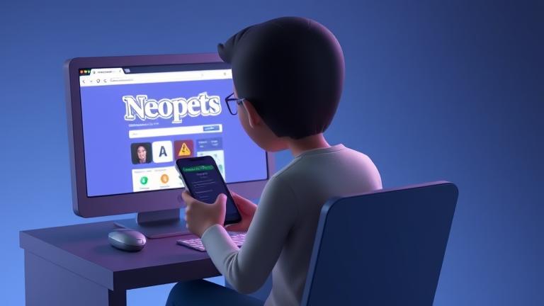 alt_text: Curious person checking Neopets account with notifications and warning icons on screen.