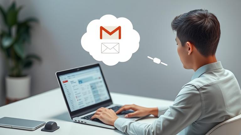 alt_text: Person at laptop with Gmail inbox, thinking of deleting all emails in modern workspace.