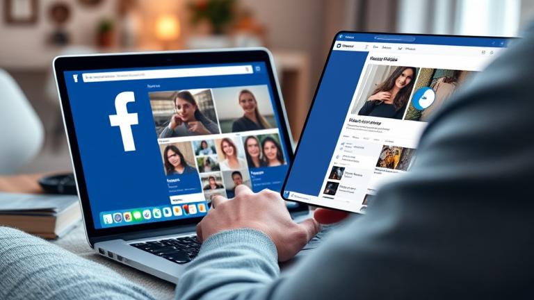 alt_text: Person managing Facebook photos on laptop, emphasizing control and privacy in a cozy workspace.