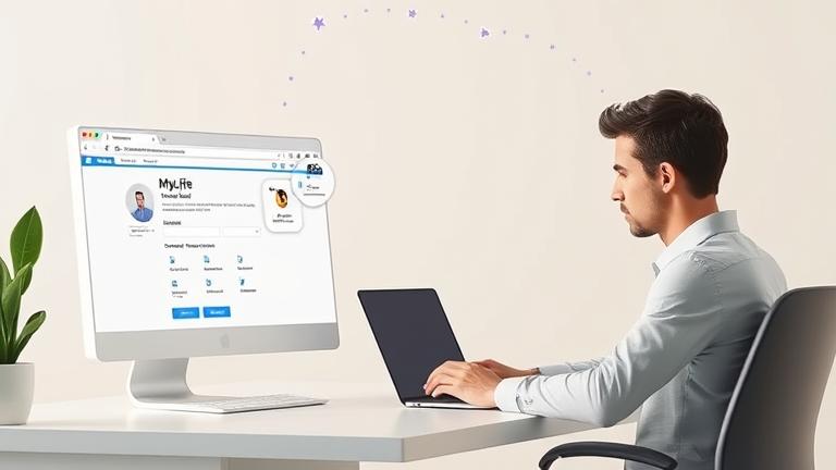 alt_text: Person deletes "MyLife" account on laptop, focused, with account settings and delete option visible.