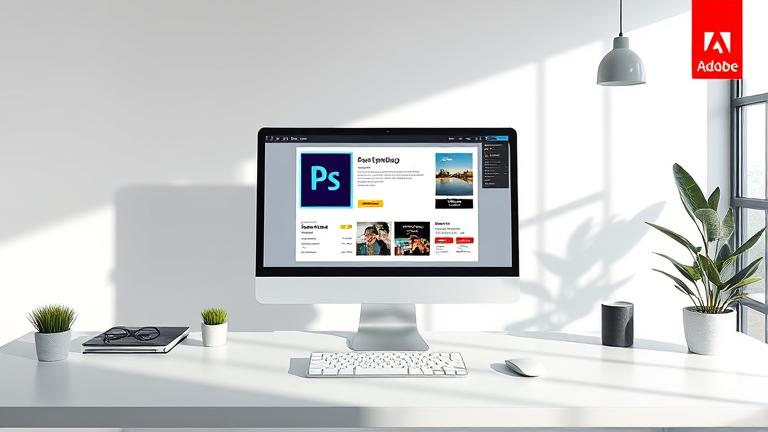 alt_text: Modern workspace with Photoshop Elements on screen, featuring subscription icons and Adobe branding.