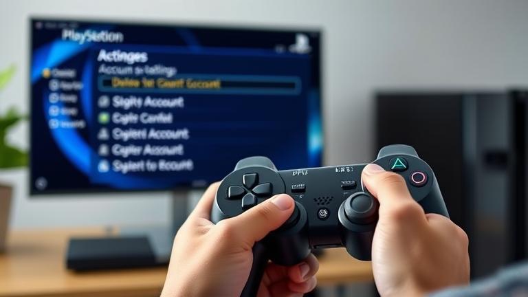 alt_text: Person holds PS3 controller while viewing account settings on screen, implying account management.