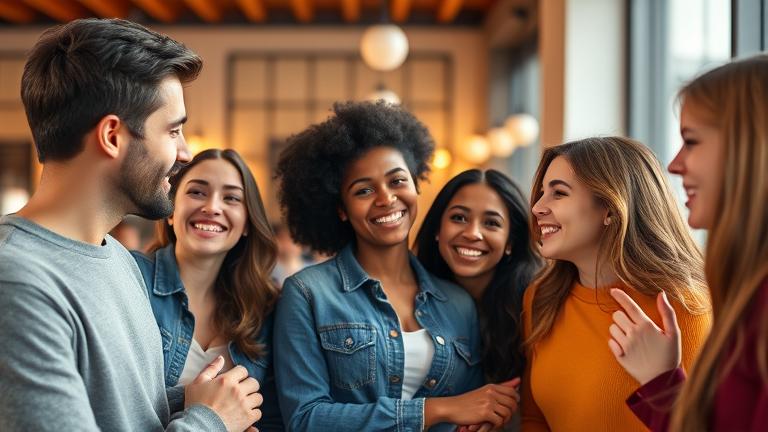 alt_text: Diverse people smiling and flirting playfully in a vibrant, friendly online dating scene.