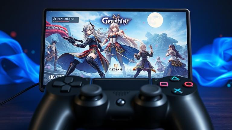 alt_text: PS4 screen showing Genshin Impact with character selection, suggesting rerolling/start new.