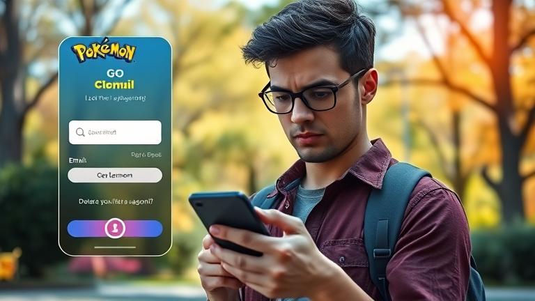 alt_text: Person in park worried over Pokémon Go email, with login and Pikachu hints.