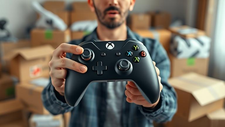 alt_text: Person surprised holding Xbox controller amid opened boxes in a messy delivery room.