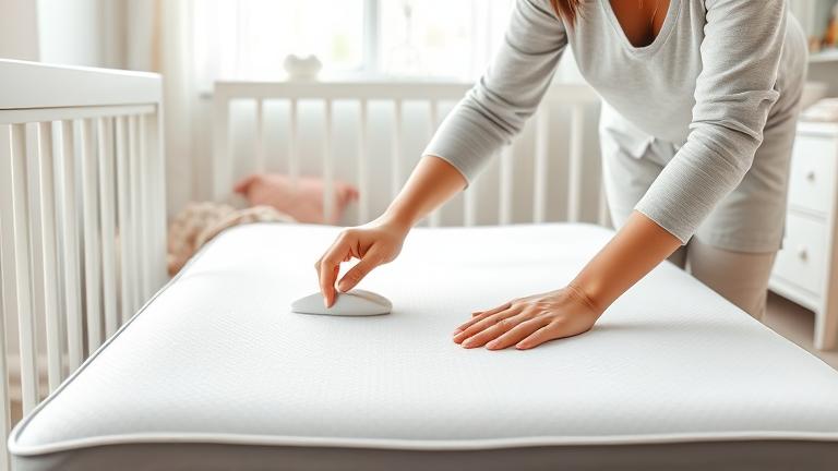 alt_text: Caregiver cleaning a Pack 'n Play mattress in a cozy, organized nursery with soft toys.
