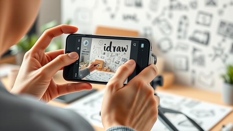 alt_text: Person filming a "Draw My Life" video with iPhone in a creative, bright workspace.