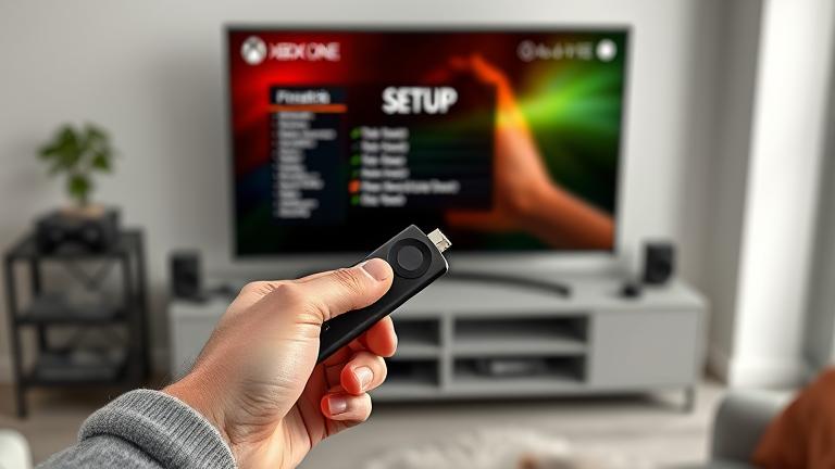 alt_text: Person connects Firestick to Xbox One in a modern living room setup.