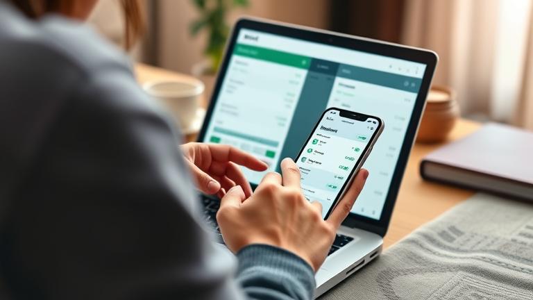 alt_text: Person using Mint app on laptop to manage and delete financial transactions at home.