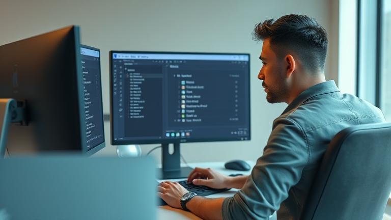 alt_text: Person adjusts Photoshop language settings at a desk in a bright, creative workspace.