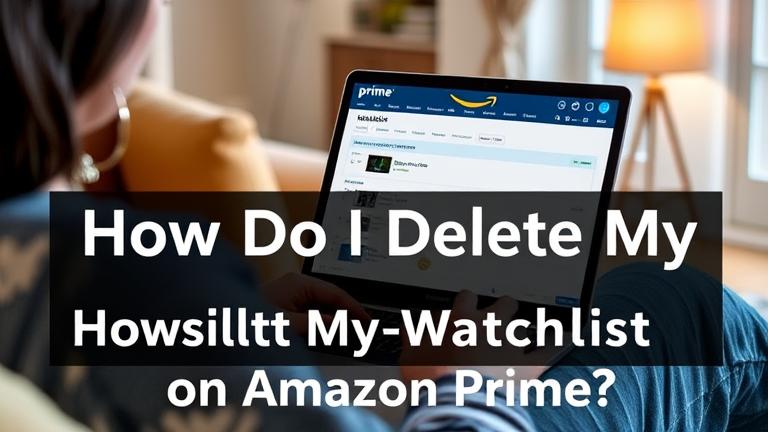alt_text: Person manages Amazon Prime Watchlist on laptop in cozy home, with logo and controls visible.