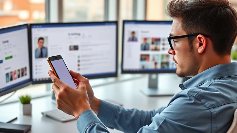 alt_text: Person manages Instagram shop settings on a vibrant, modern workspace with social media icons.