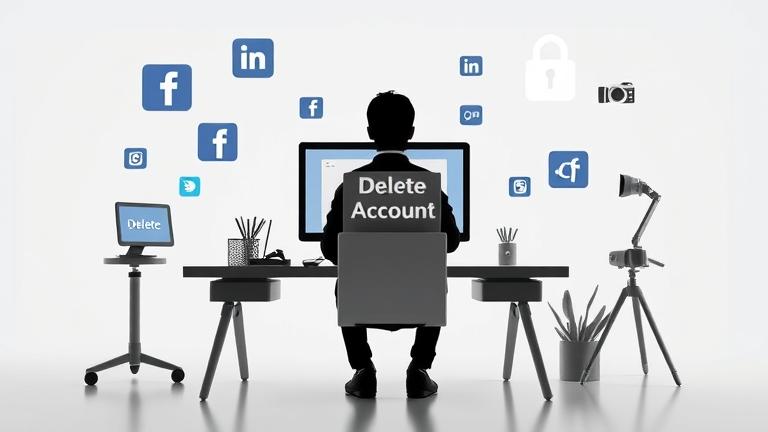 alt_text: Silhouette at desk deleting paparazzi account amid social media icons and security symbols.