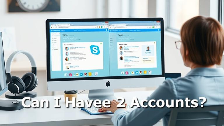 alt_text: Person at desk with dual Skype screens, tech accessories, in a modern office setting.