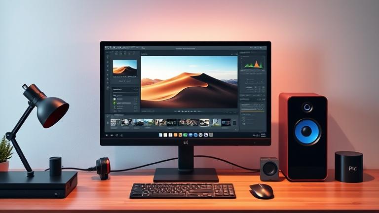 alt_text: Modern computer setup with Lightroom editing screen, warm lighting, and organized desk.