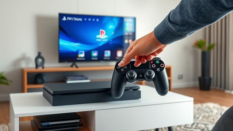 alt_text: Person presses PS button directly on PS4 console in a modern living room setup.