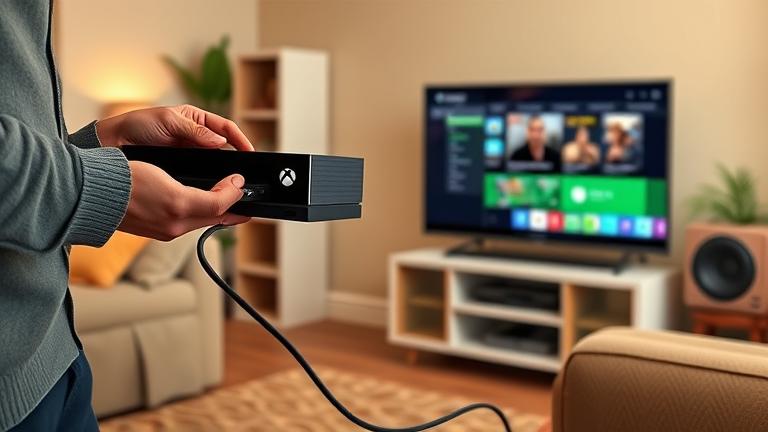 alt_text: Person connecting Xbox One to an old TV using AV cable in a cozy living room.