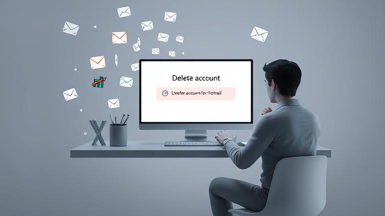 alt_text: Person at desk with laptop, Hotmail delete prompt, email icons fading, symbolizing account loss.