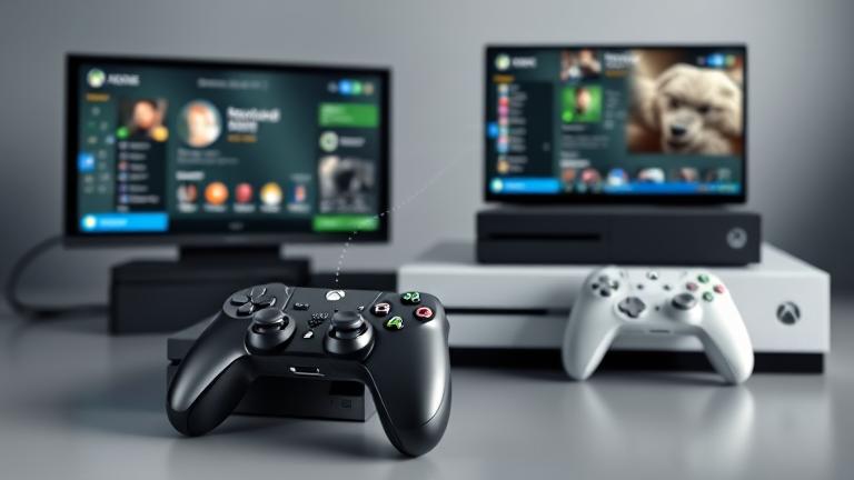 alt_text: PS4 and Xbox One consoles with friend lists, linked to show cross-platform connection.
