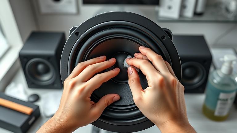 alt_text: Hands cleaning speaker cones with tools in a modern, clean audio workspace.