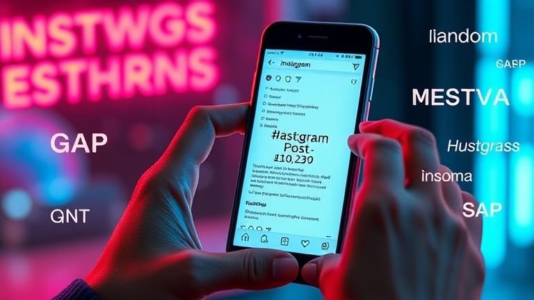 alt_text: Person holding phone displaying hashtagged Instagram post, surrounded by floating tags, trendy vibe.