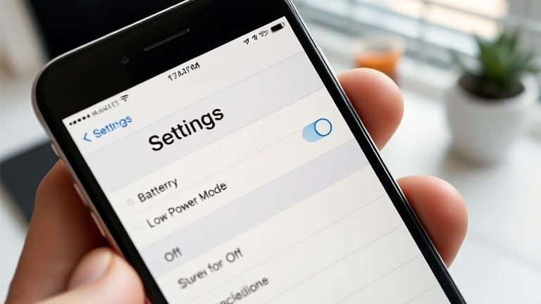 alt_text: Close-up of iPhone Settings showing Battery Low Power Mode off, in a modern workspace.