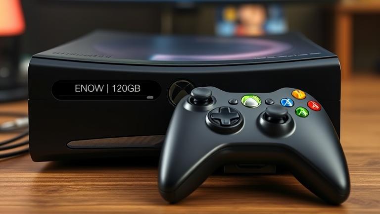 alt_text: Close-up of Xbox 360 with storage bar, gaming setup background, questioning 120GB capacity.