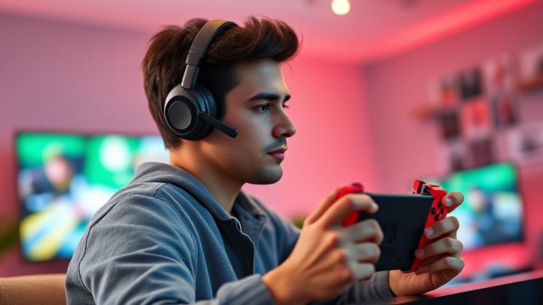 alt_text: Person using Xbox headset while gaming on a Nintendo Switch in a modern setup.