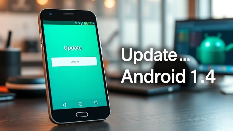 alt_text: Modern Android phone displaying "Update to Android 4.4" in a tech-savvy workspace.
