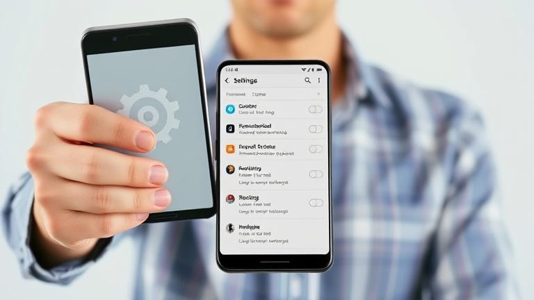 alt_text: Person managing Android settings, with a phone showing unsynced icons and gears.