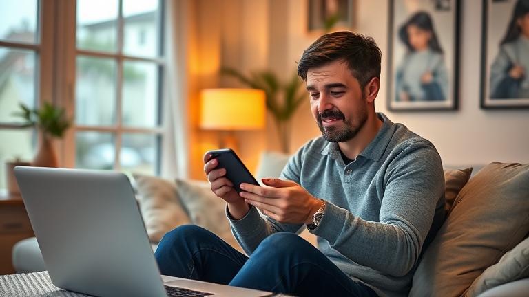 alt_text: Person finds iPhone at cozy home, feeling relieved using laptop with map and search apps.