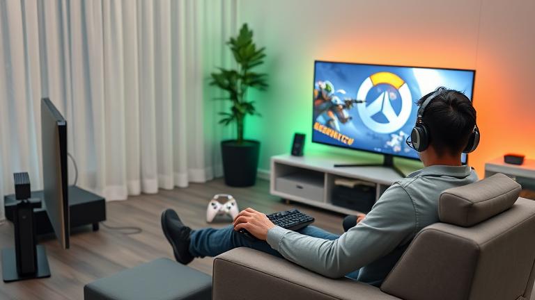 alt_text: Gamer using keyboard and mouse with Xbox for Overwatch in a sleek, vibrant gaming setup.