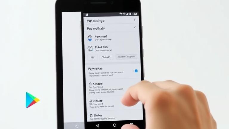 alt_text: Smartphone displaying Google Play payment settings, hand navigating, clean interface, Android branding.