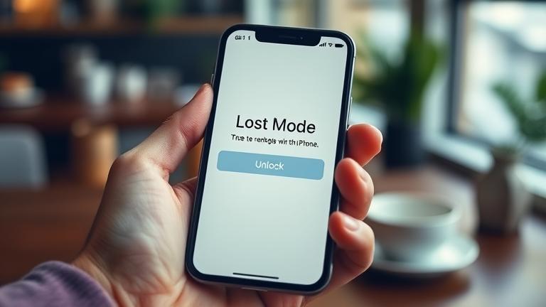 alt_text: iPhone in hand showing "Lost Mode" screen with "Unlock" highlighted, casual background.