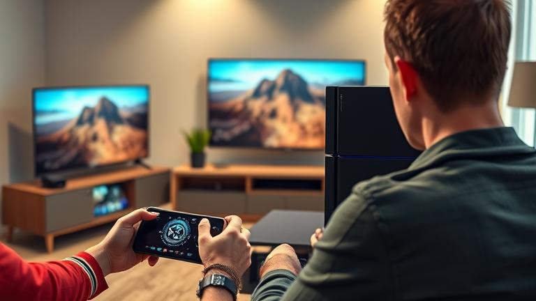 alt_text: Person discovering PS4 power via remote or app in a modern, bright living room.