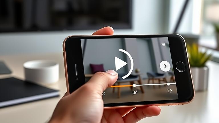 alt_text: iPhone playing video with rewind icon in modern setting, highlighting reverse playback feature.